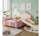 Cama infantil de 90 x 200 cm con tobogán y escaleras, tapizada en piel sintética, led, rosa + beige