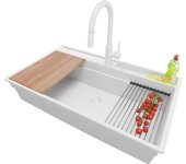 Primagran fregadero granito todo blanco 88x53cm, fregadero cocina 1 seno + sifón + accesorios, fregadero sobre encimera al mueble 90cm - oslo pocket