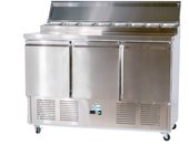 Cleiton® mesa refrigerada de preparación para pizzas y ensaladas 3 puertas de 136x70 cm para 8 cubetas gn 1/6 encimera y cúpula de acero