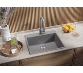 Primagran fregadero cocina gris 58x50cm, fregadero granito 1 seno + sifón, fregadero sobre encimera al mueble 60cm - riga