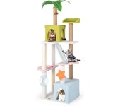 Árbol para gatos de 180 cm, torre para gatos de múltiples niveles con 2 condos, rampas y postes para rascar, decoración con planta artificial, centro