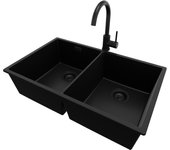 Primagran fregadero granito todo negro 76x47cm, fregadero cocina 2 senos + sifón + accesorios, fregadero sobre encimera al mueble 80cm