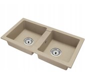 Fregadero cocina beige 43,6x82cm, fregadero granito 2 senos + sifón