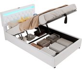 Cama adultos doble 140x200 cm, led, mando a distancia, usb, enchufe tipo c, lino blanco- sin colchón