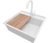 Primagran fregadero granito de esquina todo blanco 56x53cm, fregadero cocina 1 seno + sifón + accesorios, fregadero sobre encimera al mueble 60cm