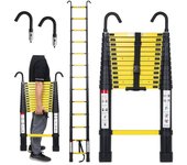 Escalera telescópica de aluminio con gancho de escalera multifunción negro + amarillo 3,8 m