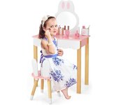 2 en 1 tocador de maquillaje para niñas con taburete y espejo extraíble, tocador de mdf y madera maciza con 1 cajón y 2 organizadores 3+ años (rosa)