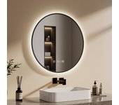 Emke espejo de baño con luz led, redondo, diámetro 70 cm, marco negro, interruptor táctil, antivaho, reloj y temperatura, luz neutra