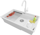 Primagran fregadero granito blanco 76x47cm, fregadero cocina 1 seno + sifón + accesorios, fregadero sobre encimera al mueble 80cm - prague slim