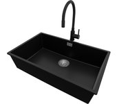 Primagran fregadero granito negro 76x47cm, fregadero cocina 1 seno + grifo 40x13cm + sifón, fregadero sobre encimera al mueble 80cm - london slim