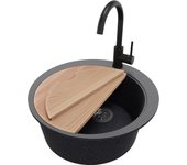 Primagran fregadero granito circular grafito 53x53cm, fregadero cocina 1 seno + sifón + accesorios, fregadero sobre encimera al mueble 50cm