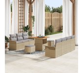 Conjunto de sofá de jardín de 10 piezas con cojines beige poliratán acacia, sofá de jardín de 2 plazas con cojines beige poliratán, conjunto de comedo
