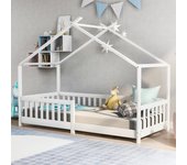 Cama de madera 90x200 cm - con somier y protección anticaídas - blanca (sin colchón)
