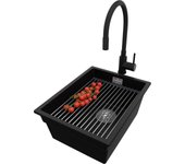 Primagran fregadero bajo encimera negro 36x47cm, fregadero granito 1 seno + sifón + accesorios, fregadero cocina al mueble 40cm - prague