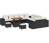 Conjunto de sofá de jardín de 13 piezas con cojines negros de ratán polipropileno de acacia, conjunto de comedor de jardín de 3 piezas con cojines neg
