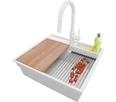 Primagran fregadero granito todo blanco 58x53cm, fregadero cocina 1 seno + sifón + accesorios, fregadero sobre encimera al mueble 60cm - oslo pocket