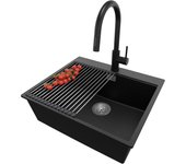 Primagran fregadero granito negro metallic 58x50cm, fregadero cocina 1 seno + sifón + accesorios, fregadero sobre encimera al mueble 60cm - oslo