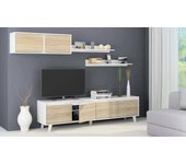 Sistema de pared orlando, mueble de salón con soporte para tv, composición de salón con mueble alto y estante, 200x50h41 cm, blanco y roble