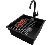 Primagran fregadero bajo encimera negro 46x47cm, fregadero granito 1 seno + sifón + accesorios, fregadero cocina al mueble 50cm - prague