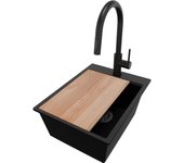 Primagran fregadero granito negro 38x50cm, fregadero cocina 1 seno + sifón + accesorios, fregadero sobre encimera al mueble 40cm - oslo