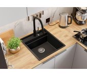 Primagran fregadero cocina negro metallic 48x53cm, fregadero granito 1 seno + sifón + accesorios, fregadero sobre encimera al mueble 50cm