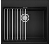 Primagran fregadero cocina negro metallic 58x53cm, fregadero granito 1 seno + sifón + accesorios, fregadero sobre encimera al mueble 60cm - oslo max