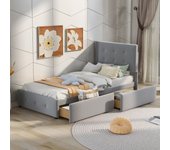 Cama infantil tapizada 90 x 200 cm, con somier de láminas, respaldo y cajones, cabecero regulable en altura, tejido de terciopelo, gris