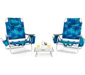 Juego de 2 sillas playa y mesa plegable, silla plegable reclinable con 5 posiciones ajustables, 3 bolsas de almacenaje y almohada, (cocotero azul)