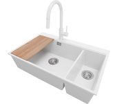 Primagran fregadero granito blanco 78x50cm, fregadero cocina 2 senos + sifón + accesorios, fregadero sobre encimera al mueble 80cm - oslo duo