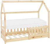 Ml-design cama infantil tipi 70 x 140 cm color natural con colchón de espuma fría y somier estructura de listones con techo forma de casa