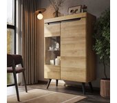 Aparador alto de cocina con puertas de cristal 90×39,5×135cm cómoda cómoda de salón moderna natural
