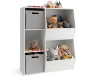 Biblioteca infantil con caja de juguete, 2 contenedores extraíbles y plegables, para habitación de niños, 77 x 35 x 93,5 cm, blanco