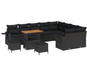 Conjunto de sofá de jardín de 12 piezas con cojines negro de poliratán acacia, conjunto de comedor de jardín de 3 piezas con cojines negro de poliratá