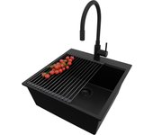 Primagran fregadero granito todo negro 48x50cm, fregadero cocina 1 seno + sifón + accesorios, fregadero sobre encimera al mueble 50cm - oslo