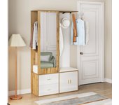 Armario elegante con espejo, banco para zapatos, perchero y barra de suspensión extensible, blanco - almacenaje práctico para ropa, zapatos