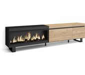 Mueble tv, televisión, 237x35x57cm, para tv gran formato, chimenea eléctrica xxl, diseño industrial, roble y negro