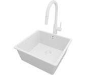 Primagran fregadero granito todo blanco 46x44cm, fregadero cocina 1 seno + sifón + accesorios, fregadero sobre encimera al mueble 50cm