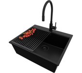 Primagran fregadero granito todo negro 58x50cm, fregadero cocina 1 seno + sifón + accesorios, fregadero sobre encimera al mueble 60cm - oslo