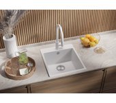 Primagran fregadero cocina blanco 43x50cm, fregadero granito 1 seno + sifón, fregadero sobre encimera al mueble 45cm - riga