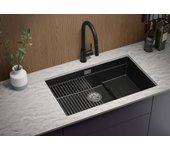 Primagran fregadero bajo encimera negro 76x47cm, fregadero cocina 1 seno + sifón + enrollable escurridor, fregadero granito al mueble 80cm - prague