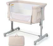 Cuna bebé 3 en 1, cuna de viaje con altura ajustable en 5 niveles, colchón desmontable, ruedas con bloqueo, bolsillo y bolsa, bebés 0-5meses (beige)