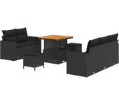 Conjunto de sofás de jardín de 8 piezas con cojines ratán polímero negro, conjunto de comedor de jardín de 3 piezas con cojines ratán polímero negro