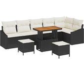 Conjunto de sofá de jardín de 9 piezas con cojines negro poliratán acacia, sofá de jardín de 2 plazas con cojines negro poliratán, conjunto de comedor