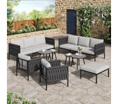 Conjunto de jardín de ratán gris con cojines cómodos, 2 sofás de 3 plazas, 2 sillones, 4 mesas bajas de vidrio marmolado y reposapiés