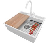 Primagran fregadero granito blanco 58x53cm, fregadero cocina 1 seno + sifón + accesorios, fregadero sobre encimera al mueble 60cm - new york