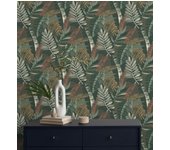 Papel pintado de hojas tropicales de colores metalizados y fondo verde oscuro - jungle jacquard 682821 de gaulan - rollo de 10 m x 0,53 m