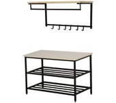 Conjunto de armario 2 en 1 con banco y estante de pared, 6 ganchos, negro y natural, 75 x 30 x 45 cm, ideal para la entrada