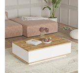 Mesa de café babila, mesa de centro baja, revistero para sofá, estante de la sala de estar, 90x60h29 cm, roble y blanco