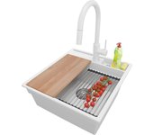 Primagran fregadero granito blanco 48x53cm, fregadero cocina 1 seno + sifón + accesorios, fregadero sobre encimera al mueble 50cm - oslo pocket