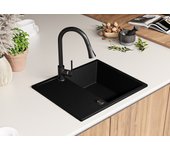 Primagran fregadero cocina negro 62x50cm, fregadero granito 1 seno + sifón, fregadero sobre encimera al mueble 45cm - ibiza